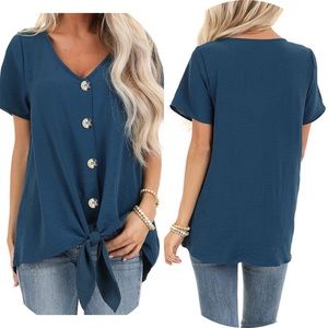 Blue bottom woven top.